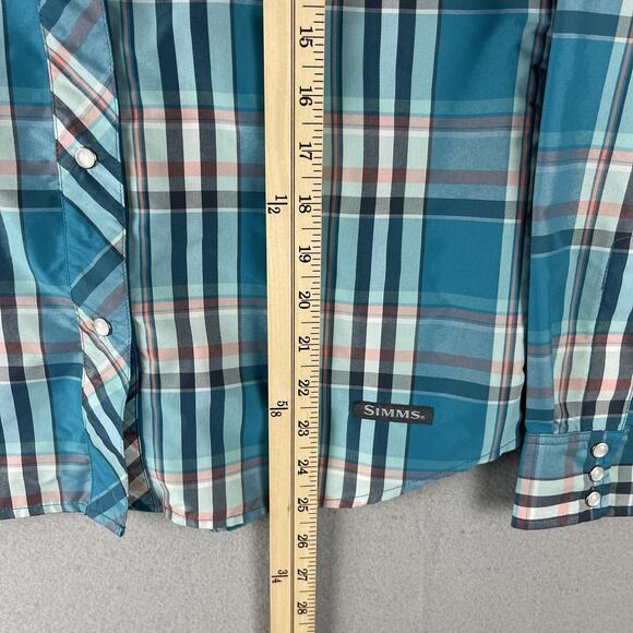 Simms Fishing Shirt Womens Medium Plaid Nylon Pearl Snap Western Outdoors - Picture 9 of 14
